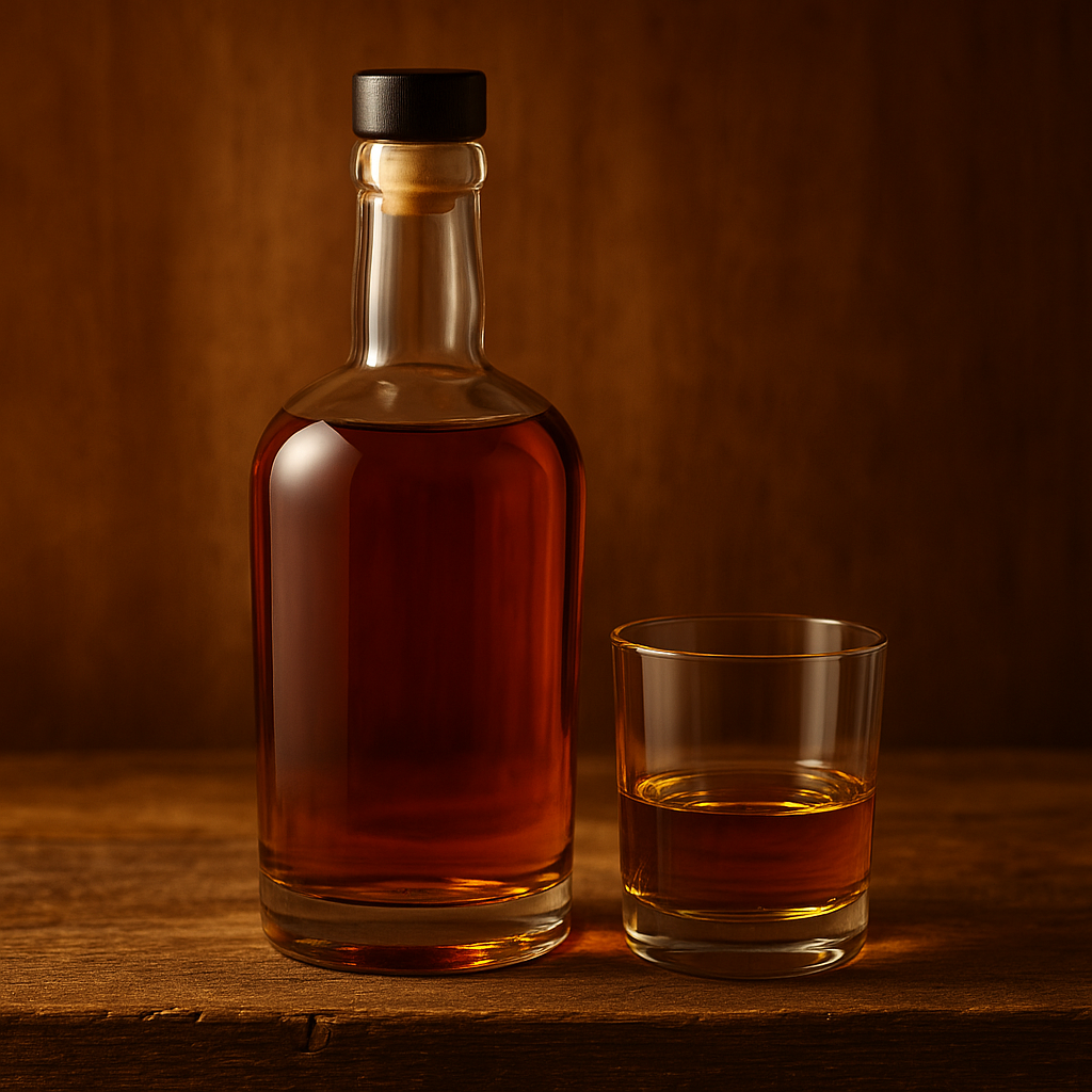 Bourbon bottle with neat pour on wooden table – Shop Bourbon Online